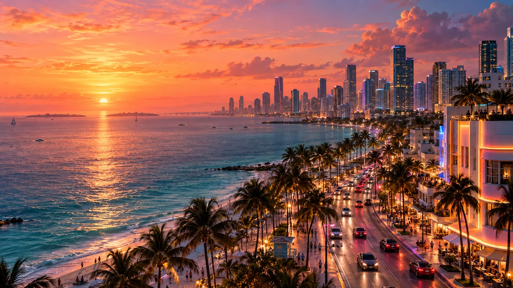 Arte original de uma avenida costeira com palmeiras, oceano e cidade ao pôr do sol